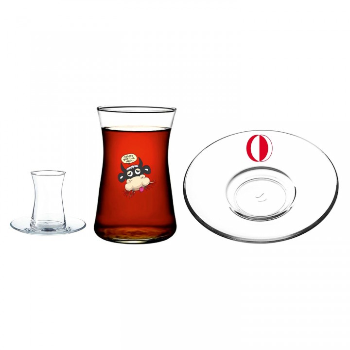 Logo Baskılı İnce Belli Cam Çay Bardağı ve Tabağı Seti